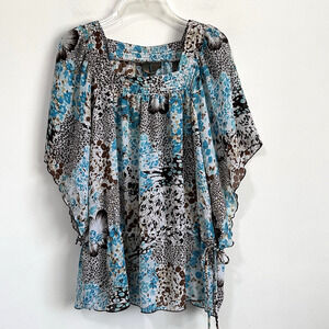 Sere Nade Top M Blue Brown Animal Chiffon Drawstring Split Sleeve Popover Boho